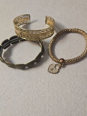 Set Of 3 Gold-Tone Heart Charm Bracelets for Women